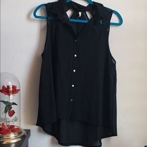 Sheer Black Button Collared Sleeveless Blouse